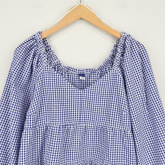 Old Navy Gingham Plaid Tiered Babydoll Cottagecore Long Sleeve Blouse Sz Large - Picture 2 of 7